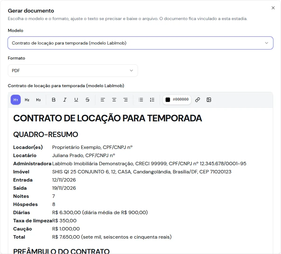 Diálogo Gerar documento com o contrato de temporada preenchido