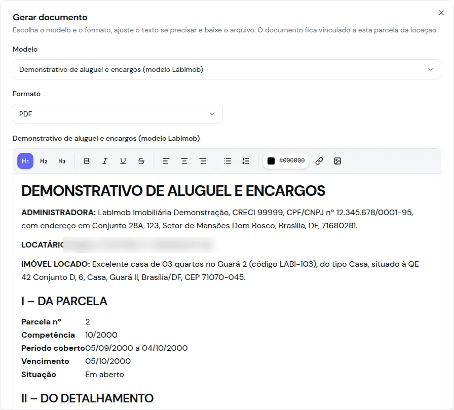 Diálogo Gerar documento abrindo com o modelo padrão do demonstrativo já selecionado