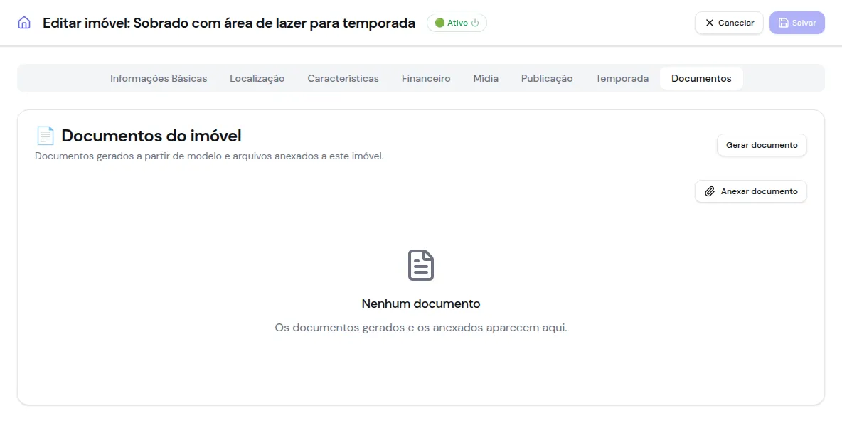 Aba Documentos do imóvel com gerar e anexar documento