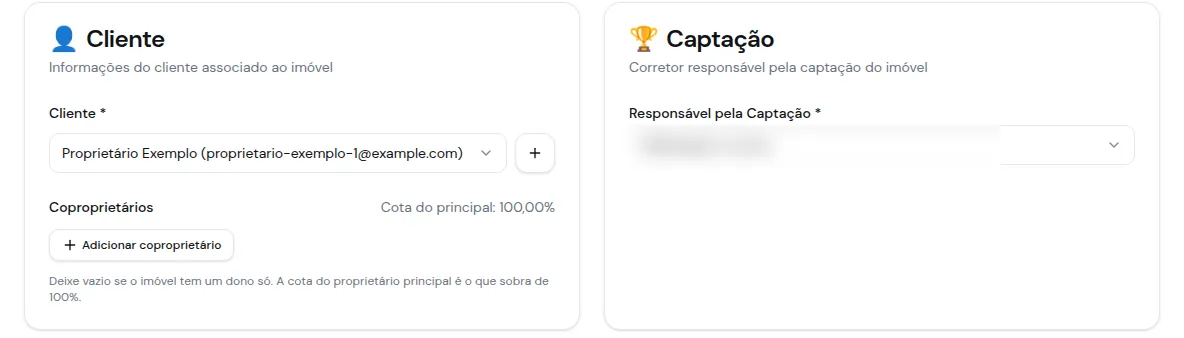 Bloco Cliente do imóvel com coproprietários e cota do principal