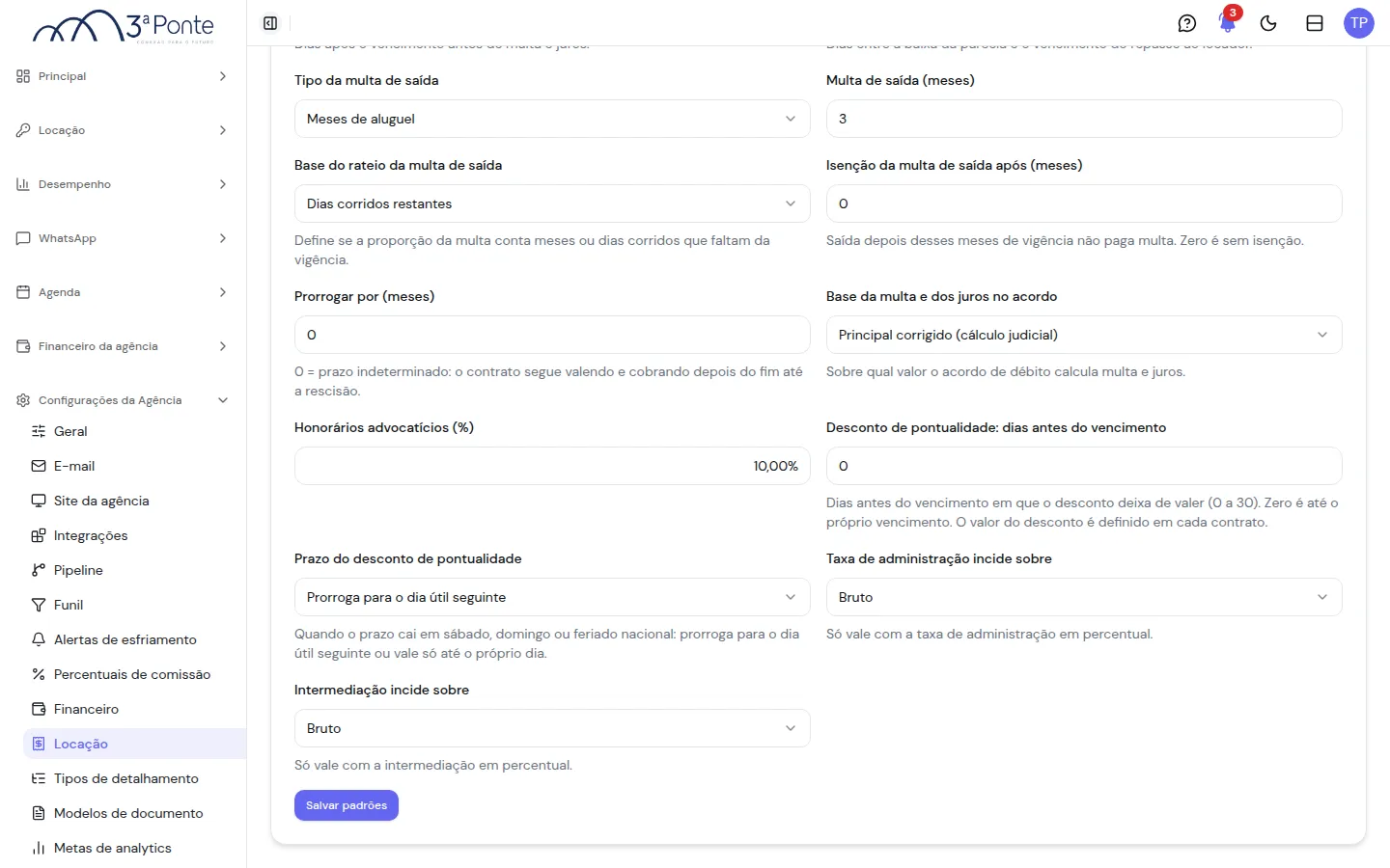 Padrões do contrato com o prazo do desconto de pontualidade