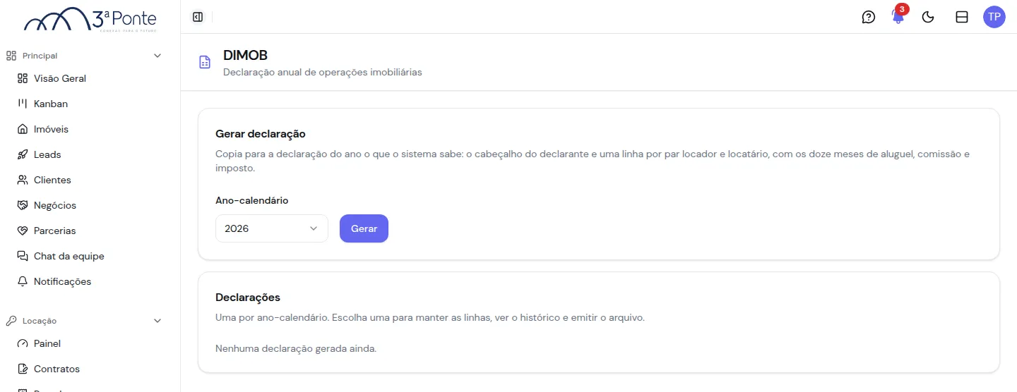 Tela da DIMOB com a geração por ano-calendário e a lista de declarações