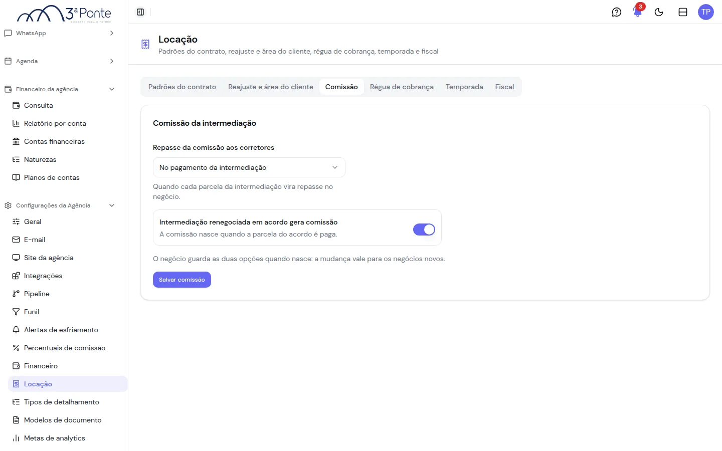 Aba Comissão com o repasse aos corretores e a comissão do acordo